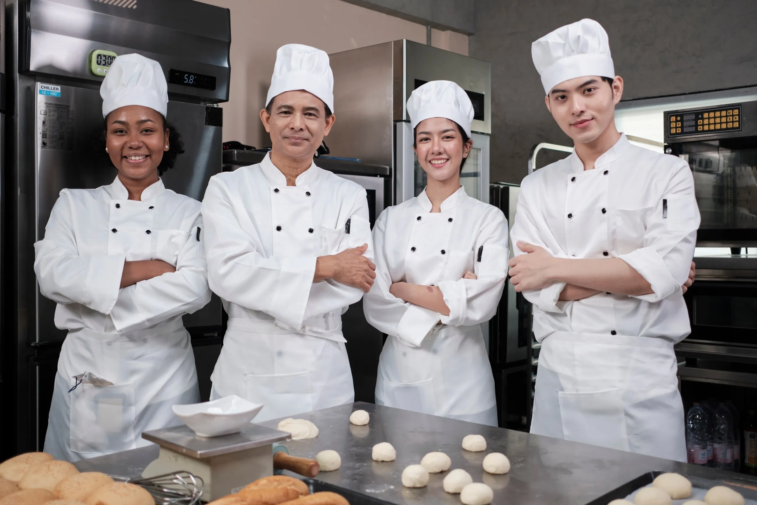 Equipe de cozinheiros uniformizados, de dólmã, avental e toca